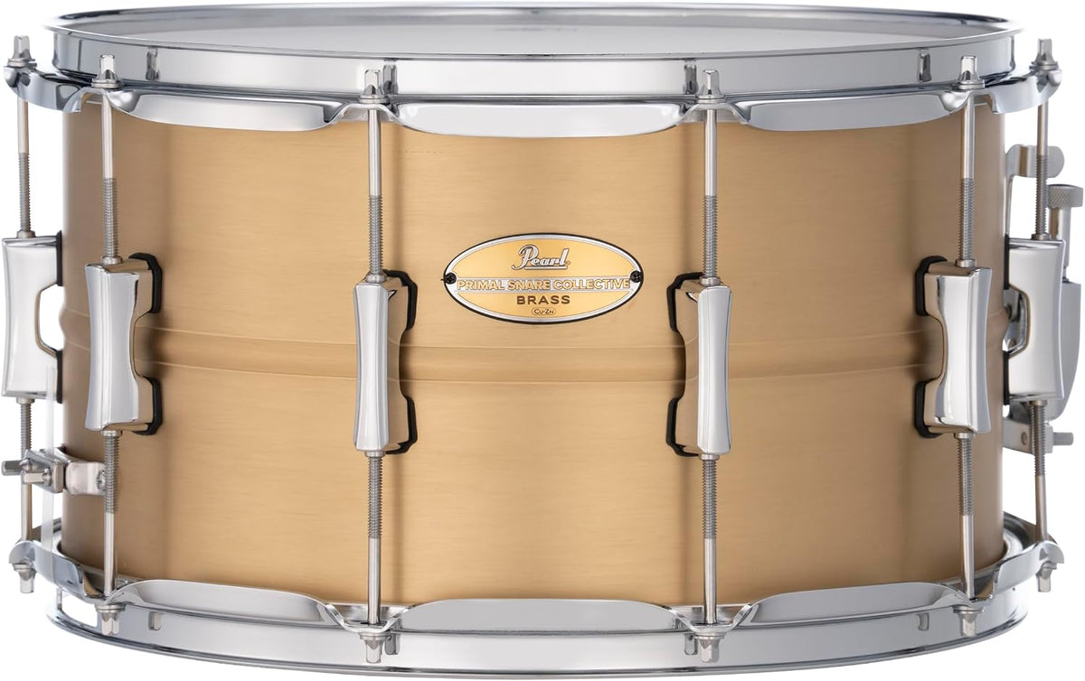 Pearl Primal Snare Collective 14"x8" Brass Snare Drum with Beaded 1mm Shell, Brushed Finish, 2.3mm Triple-Flanged Hoops, Dual Tension lugs, and deluxe strainer.