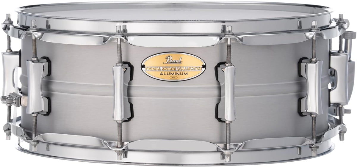 Pearl Primal Snare Collective 14"x5.5" Aluminum Snare Drum with Beaded 1mm Shell, Brushed Finish, 2.3mm Triple-Flanged Hoops, Dual Tension lugs, and deluxe strainer.