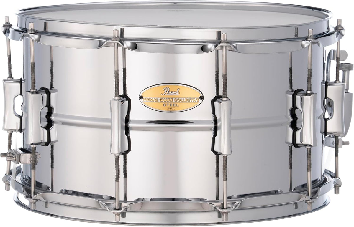 Pearl Primal Snare Collective 14"x8" Steel Snare Drum with Beaded 1mm Shell, Polished Chrome Finish, 2.3mm Triple-Flanged Hoops, Dual Tension lugs, and deluxe strainer.