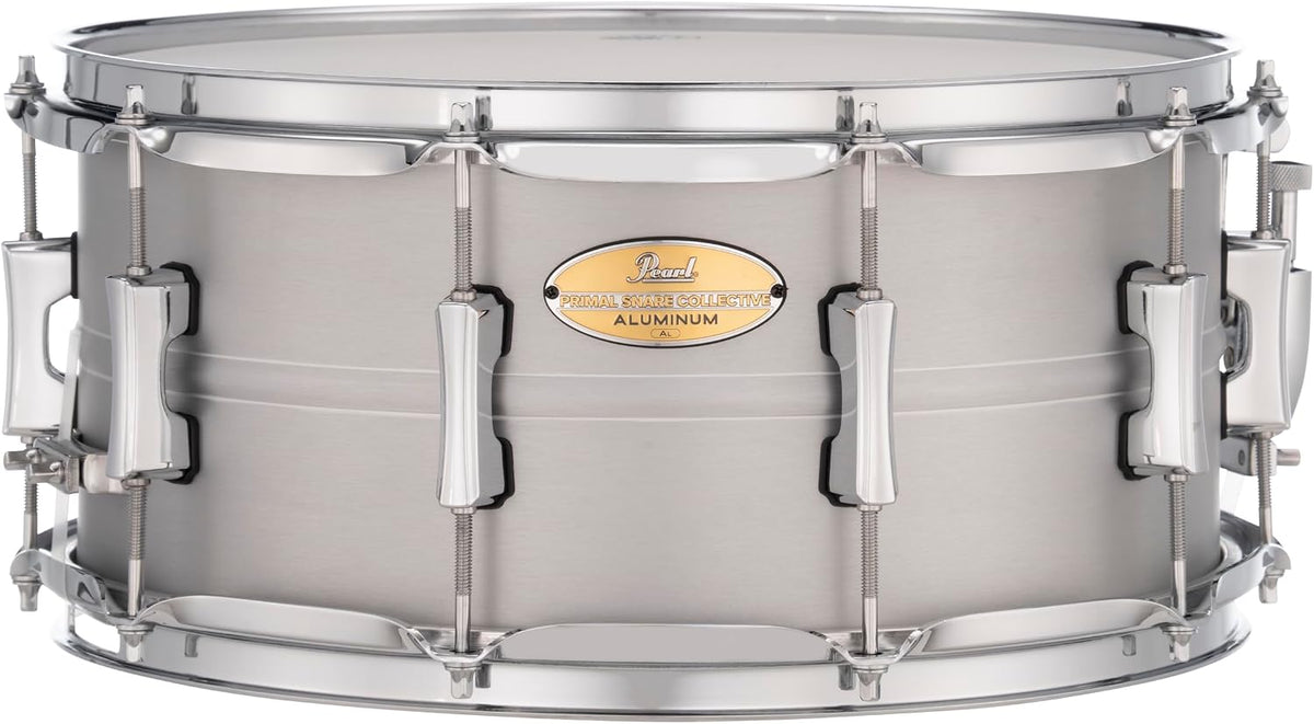 Pearl Primal Snare Collective 14"x6.5" Aluminum Snare Drum with Beaded 1mm Shell, Brushed Finish, 2.3mm Triple-Flanged Hoops, Dual Tension lugs, and deluxe strainer.
