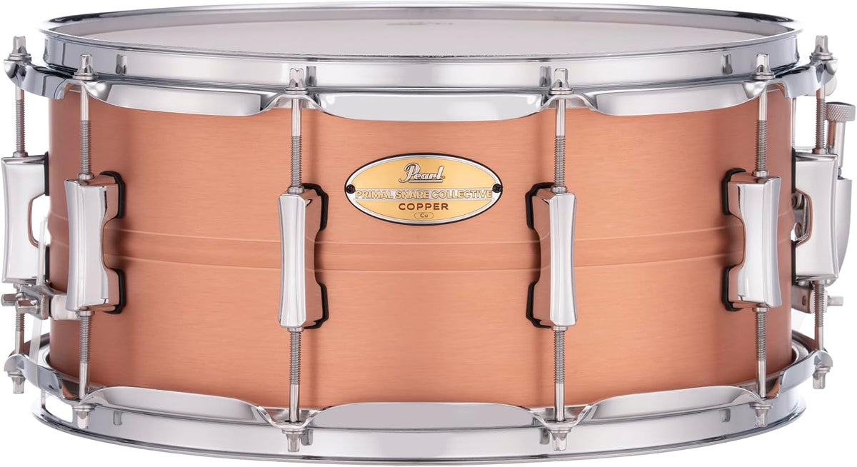 Pearl Primal Snare Collective 14"x6.5" Copper Snare Drum with Beaded 1mm Shell, Brushed Finish, 2.3mm Triple-Flanged Hoops, Dual Tension lugs, and deluxe strainer.