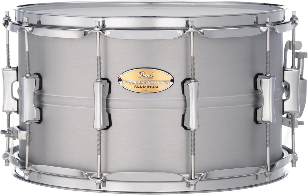 Pearl Primal Snare Collective 14"x8" Aluminum Snare Drum with Beaded 1mm Shell, Brushed Finish, 2.3mm Triple-Flanged Hoops, Dual Tension lugs, and deluxe strainer.