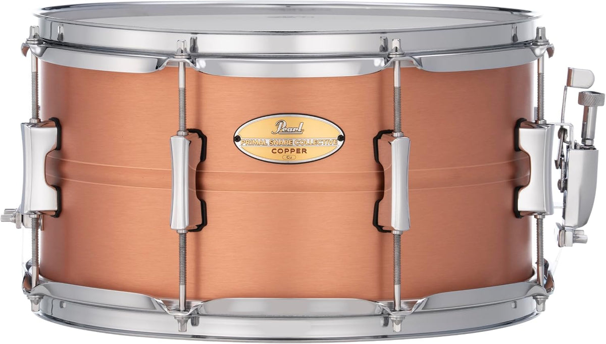 Pearl Primal Snare Collective 13"x7" Copper Snare Drum with Beaded 1mm Shell, Brushed Finish, 2.3mm Triple-Flanged Hoops, Dual Tension lugs, and deluxe strainer.
