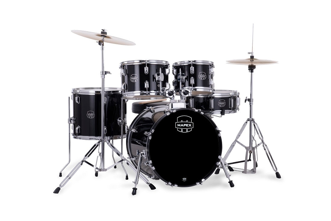 Mapex Comet 5 Piece Drum Set l Complete with Hardware & Cymbals l 22 / 10 / 12 / 14 /16 Configuration l Dark Black Finish l Model CM5294FTCDK