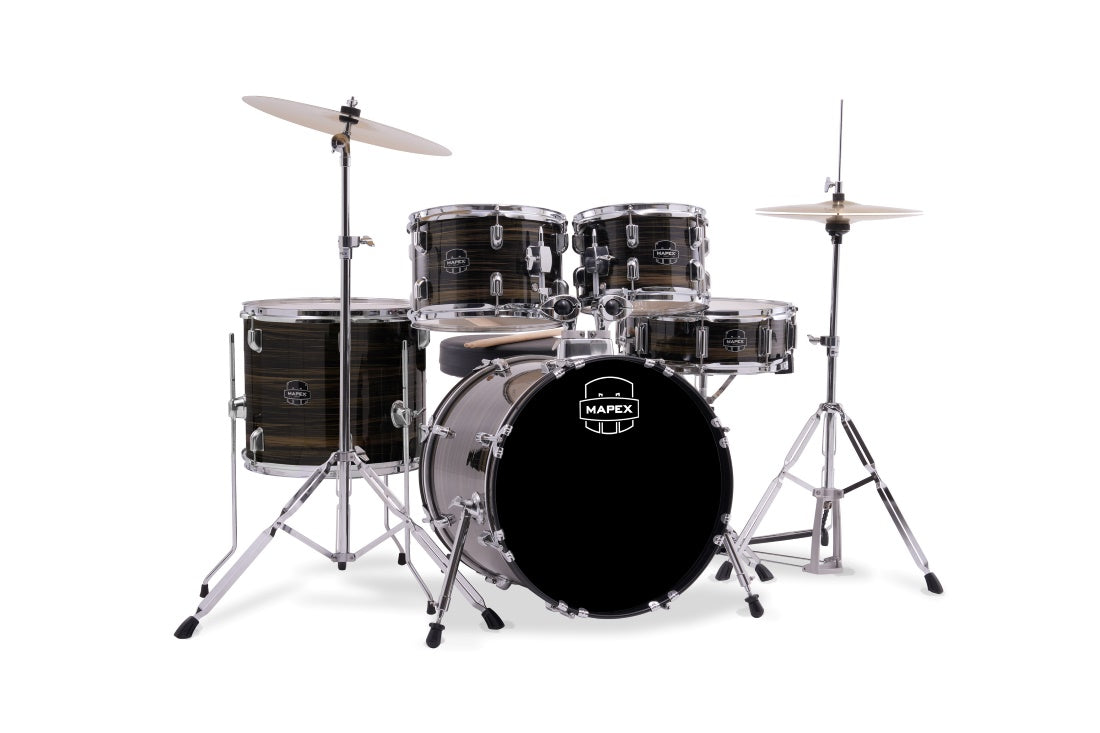 Mapex Comet 5 Piece Drum Set l Complete with Hardware & Cymbals l 22 / 10 / 12 / 14 /16 Configuration l Ebony Yellow Grain Finish l Model CM5294FTCFJ