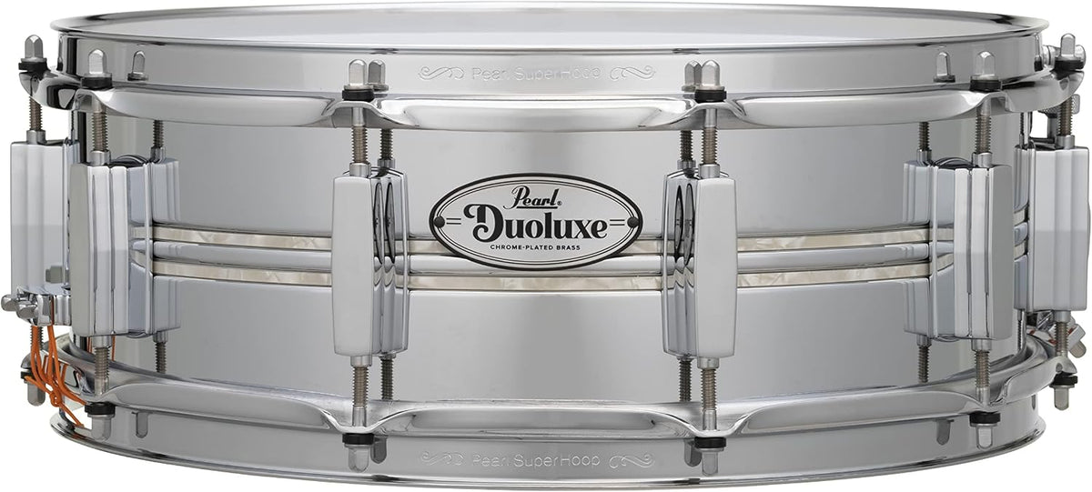 Pearl DuoLuxe 14"x5" Chrome-over-Brass Inlaid Snare Drum (DUX1450BR405) with twin Nicotine White Marine Pearl finish Inlays and Classic BSL Lugs.