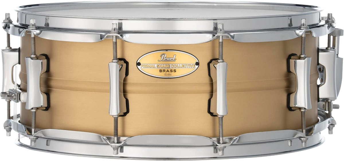 Pearl Primal Snare Collective 14"x5.5" Brass Snare Drum with Beaded 1mm Shell, Brushed Finish, 2.3mm Triple-Flanged Hoops, Dual Tension lugs, and deluxe strainer.