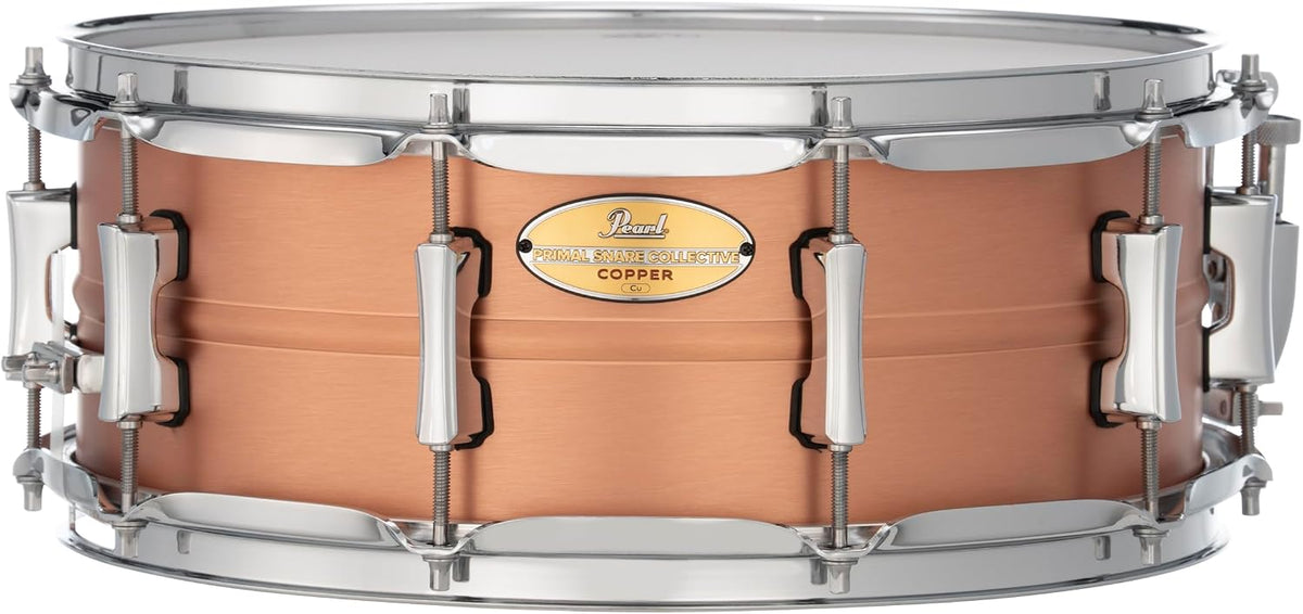 Pearl Primal Snare Collective 14"x5.5" Copper Snare Drum with Beaded 1mm Shell, Brushed Finish, 2.3mm Triple-Flanged Hoops, Dual Tension lugs, and deluxe strainer.