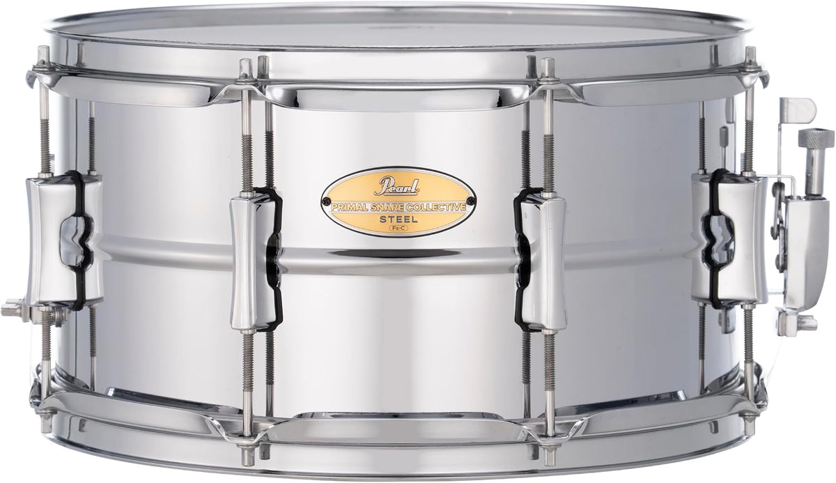 Pearl Primal Snare Collective 13"x7" Steel Snare Drum with Beaded 1mm Shell, Polished Chrome Finish, 2.3mm Triple-Flanged Hoops, Dual Tension lugs, and deluxe strainer.