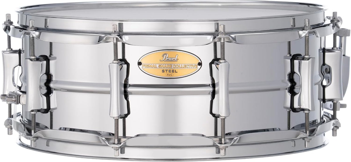 Pearl Primal Snare Collective 14"x5.5" Steel Snare Drum with Beaded 1mm Shell, Polished Chrome Finish, 2.3mm Triple-Flanged Hoops, Dual Tension lugs, and deluxe strainer.