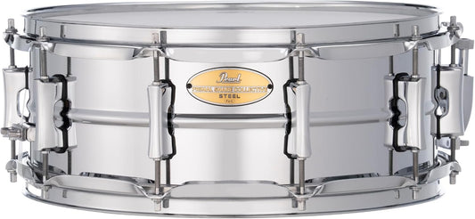Pearl Primal Snare Collective 14"x5.5" Steel Snare Drum with Beaded 1mm Shell, Polished Chrome Finish, 2.3mm Triple-Flanged Hoops, Dual Tension lugs, and deluxe strainer.