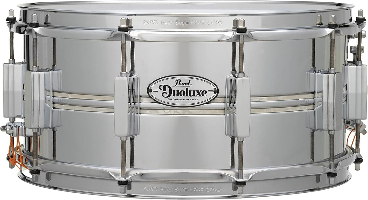 Pearl DuoLuxe Chrome over Brass 14 Inch x 6.5 Inch Snare Drum with Nicotine White Marine Inlays - Model DUX1465BR