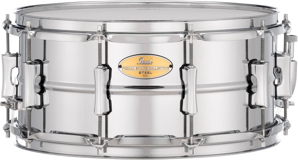 Pearl Primal Snare Collective 14"x6.5" Steel Snare Drum with Beaded 1mm Shell, Polished Chrome Finish, 2.3mm Triple-Flanged Hoops, Dual Tension lugs, and deluxe strainer.