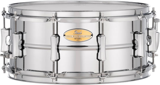Pearl Primal Snare Collective 14"x6.5" Steel Snare Drum with Beaded 1mm Shell, Polished Chrome Finish, 2.3mm Triple-Flanged Hoops, Dual Tension lugs, and deluxe strainer.