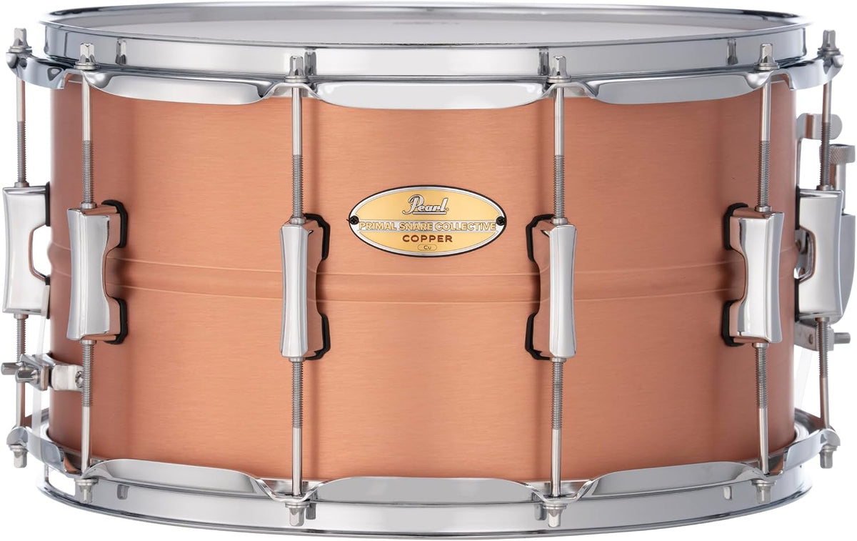 Pearl Primal Snare Collective 14"x8" Copper Snare Drum with Beaded 1mm Shell, Brushed Finish, 2.3mm Triple-Flanged Hoops, Dual Tension lugs, and deluxe strainer.