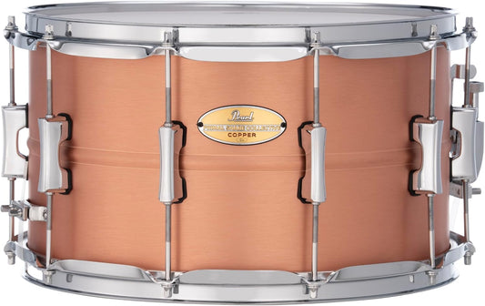 Pearl Primal Snare Collective 14"x8" Copper Snare Drum with Beaded 1mm Shell, Brushed Finish, 2.3mm Triple-Flanged Hoops, Dual Tension lugs, and deluxe strainer.