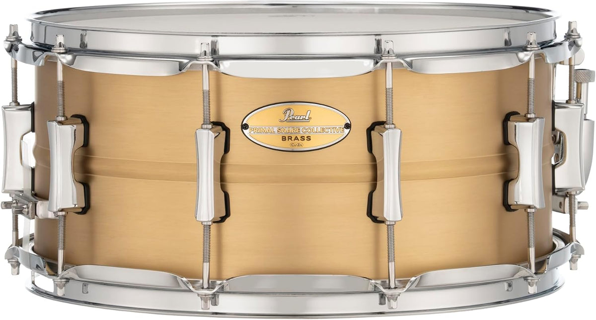 Pearl Primal Snare Collective 14"x6.5" Brass Snare Drum with Beaded 1mm Shell, Brushed Finish, 2.3mm Triple-Flanged Hoops, Dual Tension lugs, and deluxe strainer.