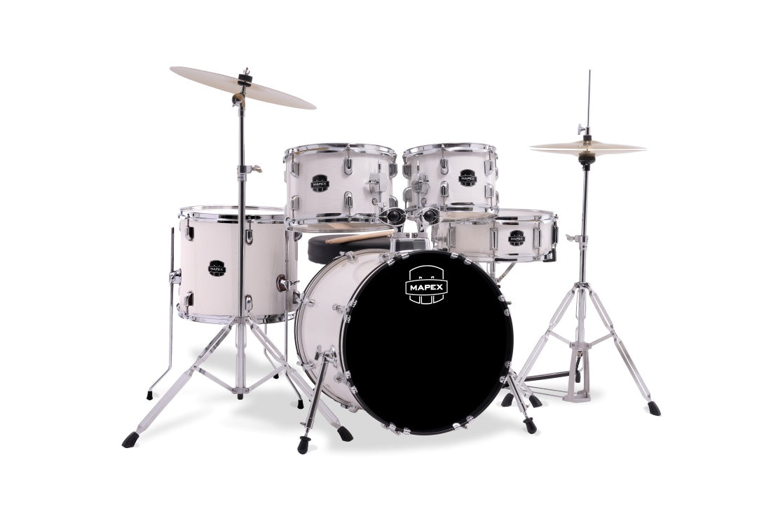 Mapex Comet 5 Piece Drum Set l Complete with Hardware & Cymbals l 22 / 10 / 12 / 14 /16 Configuration l White Thin Grain Finish l Model CM5294FTCFH